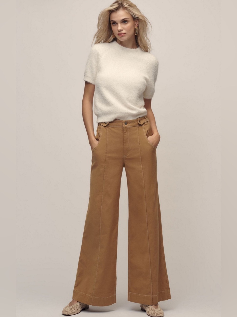 Maeve Linen Cotton Contrast Stitch High Rise Wide Leg Pants